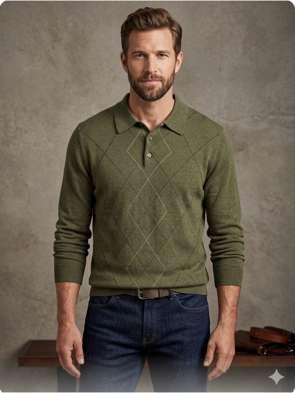 Vintage Dockers Olive Argyle Polo Sweater for Men
